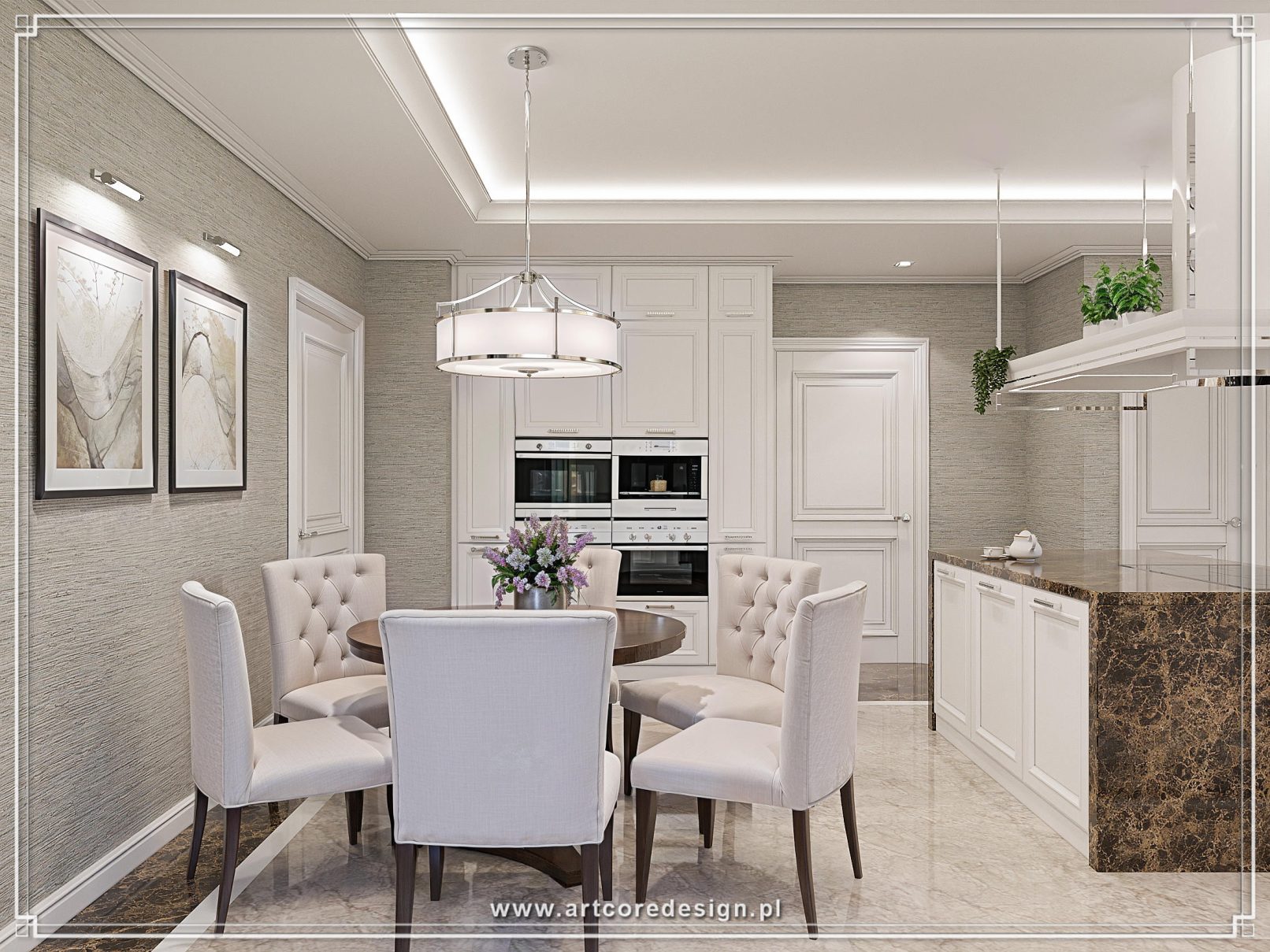Projekt kuchni w stylu modern classic z wyspą i efektownym okapem sufitowym. Architektura wnętrz łączy frezowane fronty, kamień naturalny oraz subtelne oświetlenie, podkreślając luksusowy charakter prywatnej rezydencji.