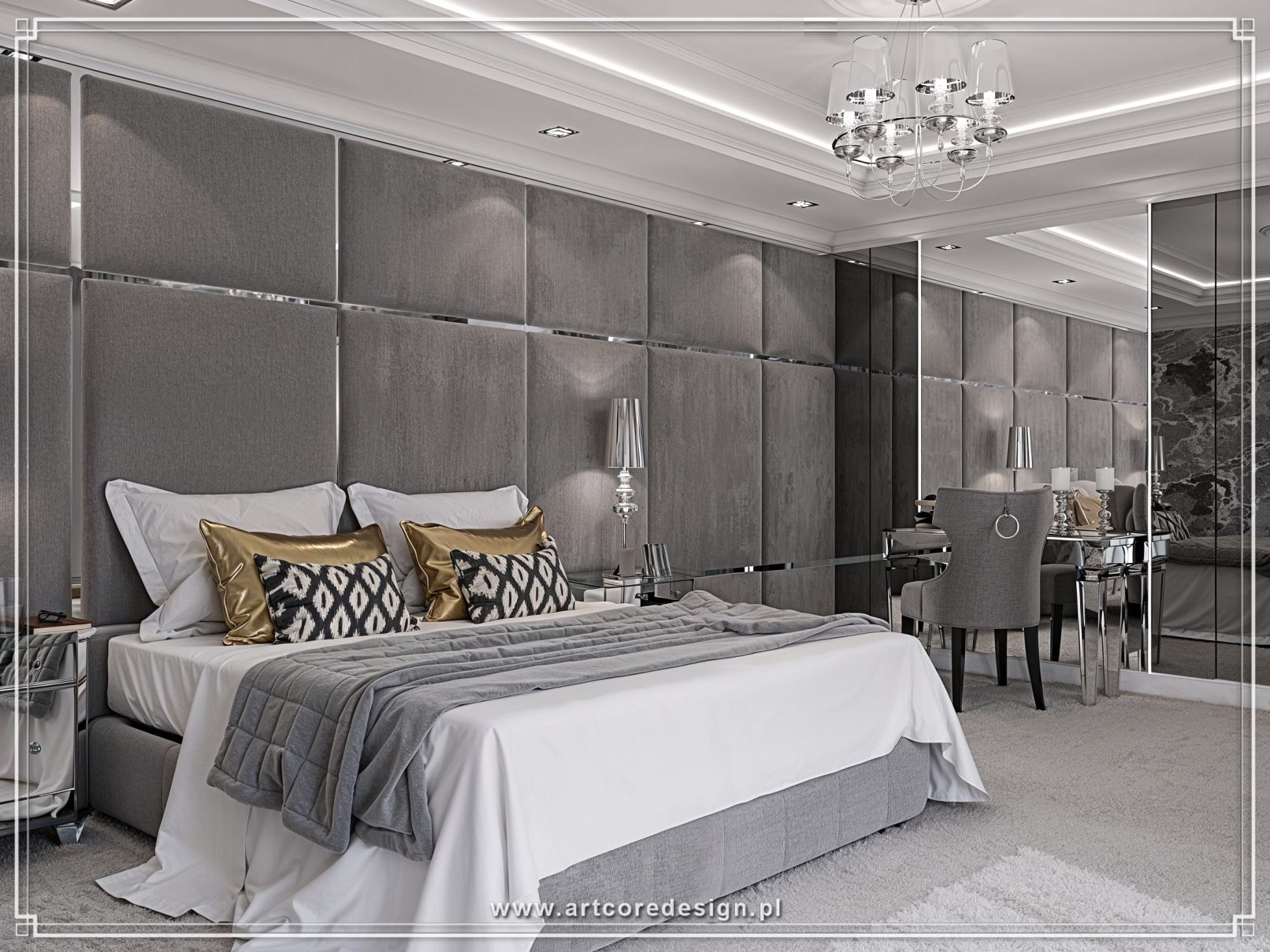 Nowoczesna szara sypialnia z tapicerowaną ścianą, lustrzaną szafą i eleganckim oświetleniem sufitowym