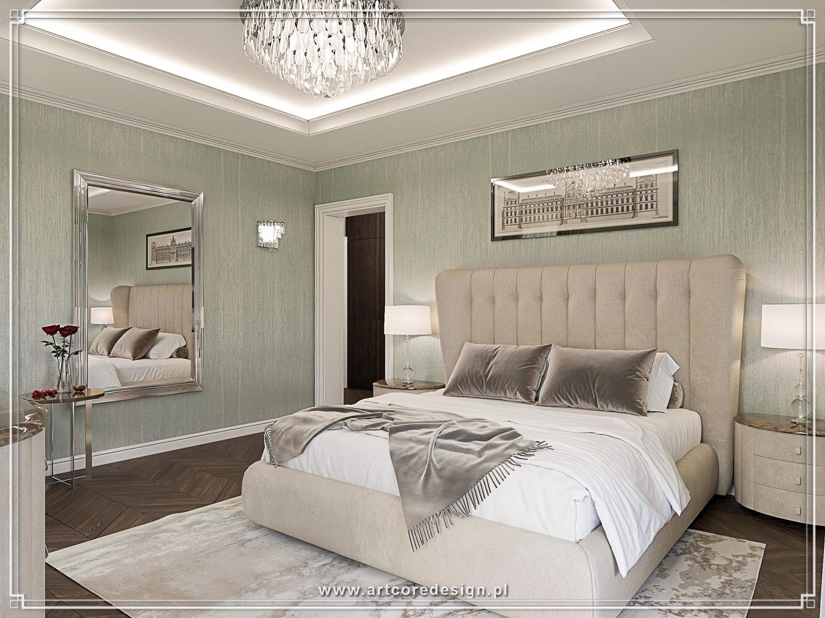Sypialnia master w stylu klasycznym z tapicerowanym łóżkiem i dekoracyjnym oświetleniem. Projektowanie wnętrz obejmuje spójną kolorystykę, parkiet w jodełkę oraz eleganckie dodatki, tworząc komfortową i luksusową przestrzeń prywatną.