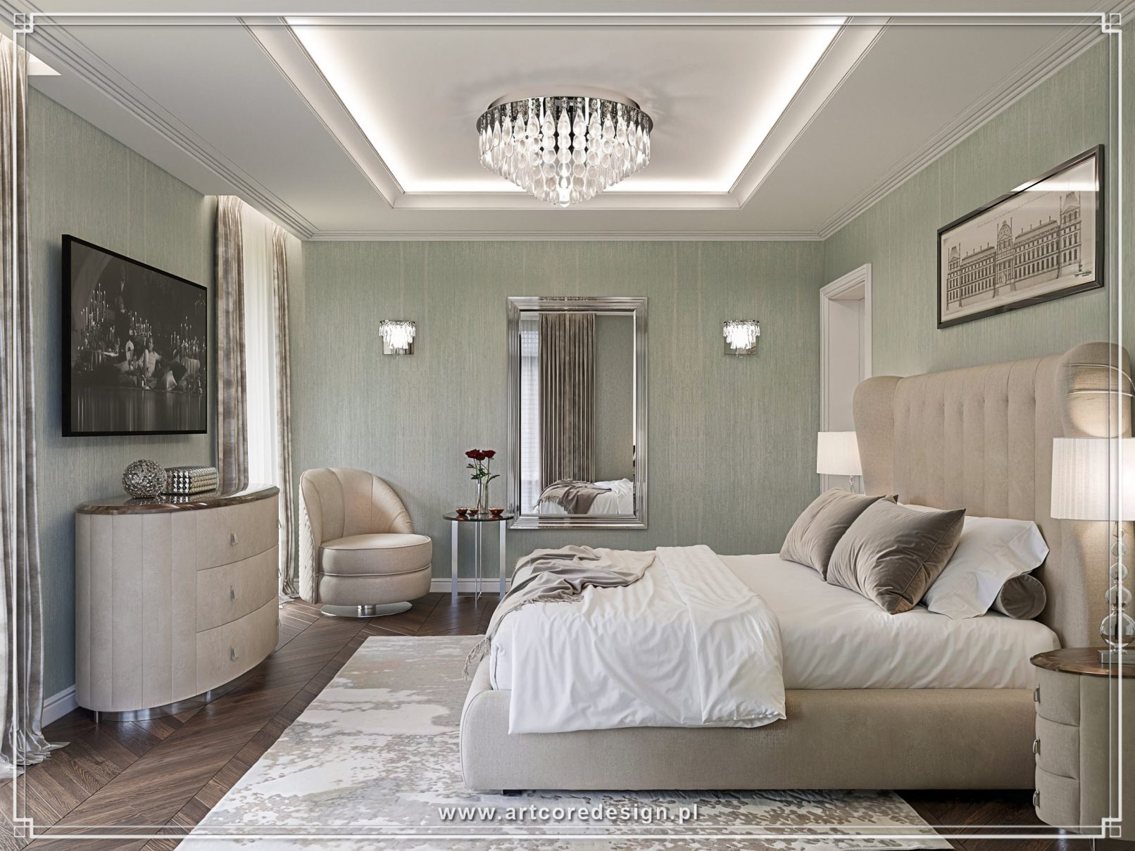 Elegancka sypialnia w domu jednorodzinnym zaprojektowana przez architekta wnętrz. Tapicerowane łóżko, stylowe oświetlenie i parkiet w jodełkę tworzą harmonijną aranżację w stylu modern classic.