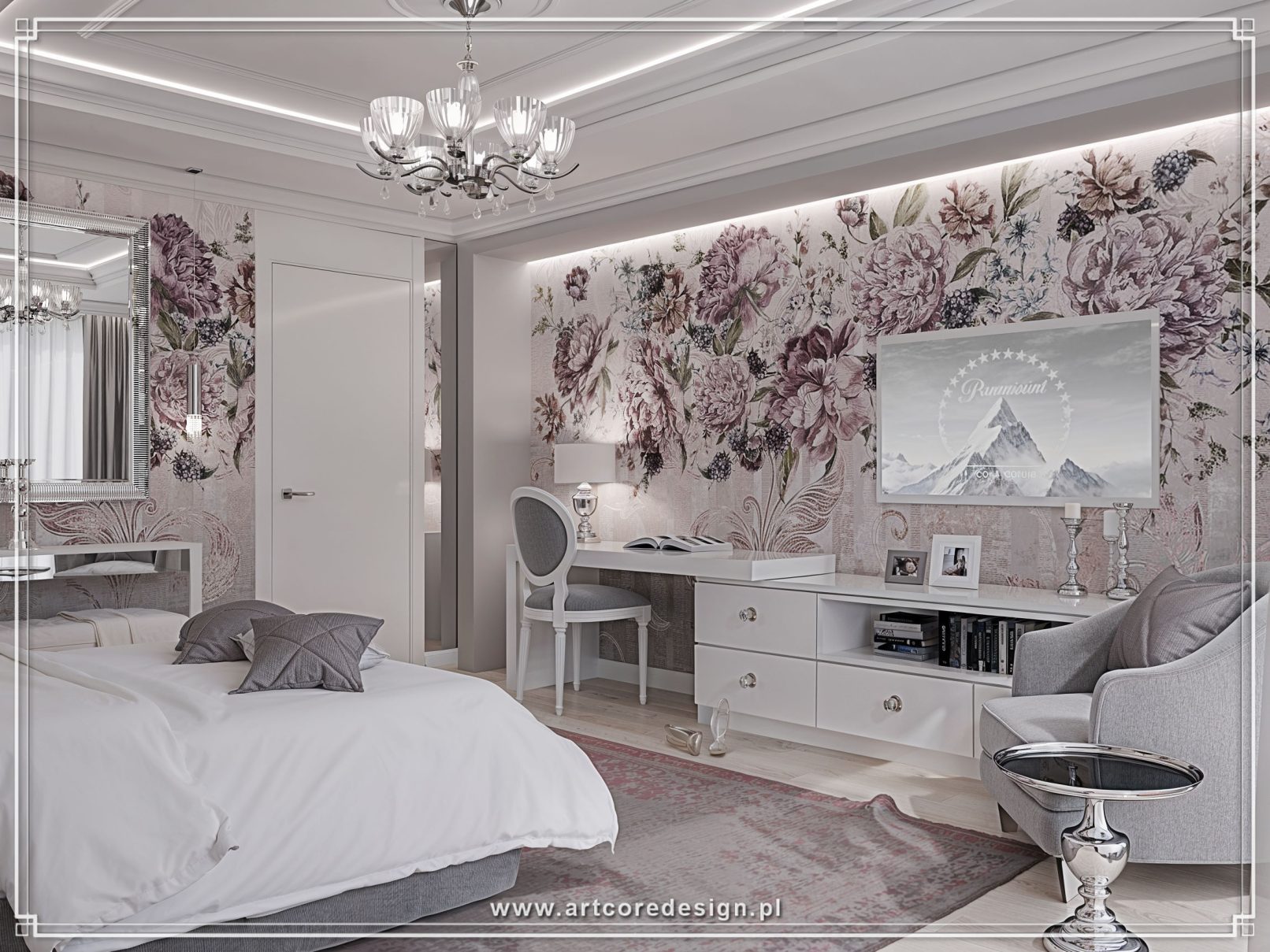 Sypialnia glamour z kwiatową tapetą, eleganckimi meblami i jasną, stylową aranżacją wnętrza