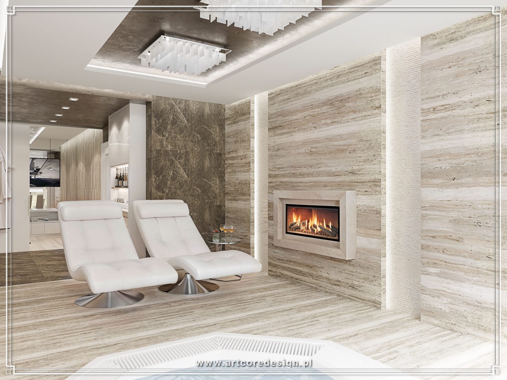 Domowa strefa wellness z sauną, prysznicem i jacuzzi zaprojektowana w ramach kompleksowego projektu wnętrz. Architekt wnętrz zastosował kamień naturalny, nastrojowe oświetlenie i minimalistyczne leżanki, tworząc luksusowe domowe spa.