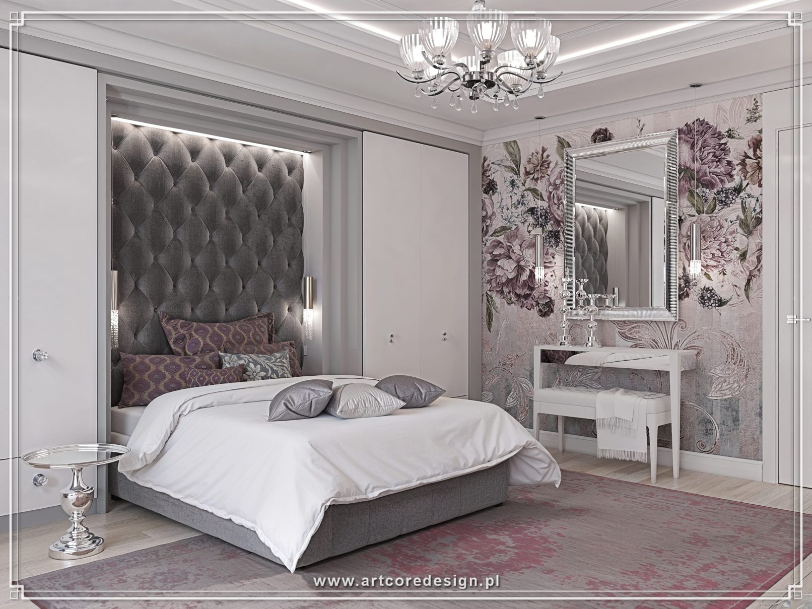 Sypialnia glamour z tapicerowanym łóżkiem, kwiatową tapetą i stylową toaletką w eleganckiej aranżacji