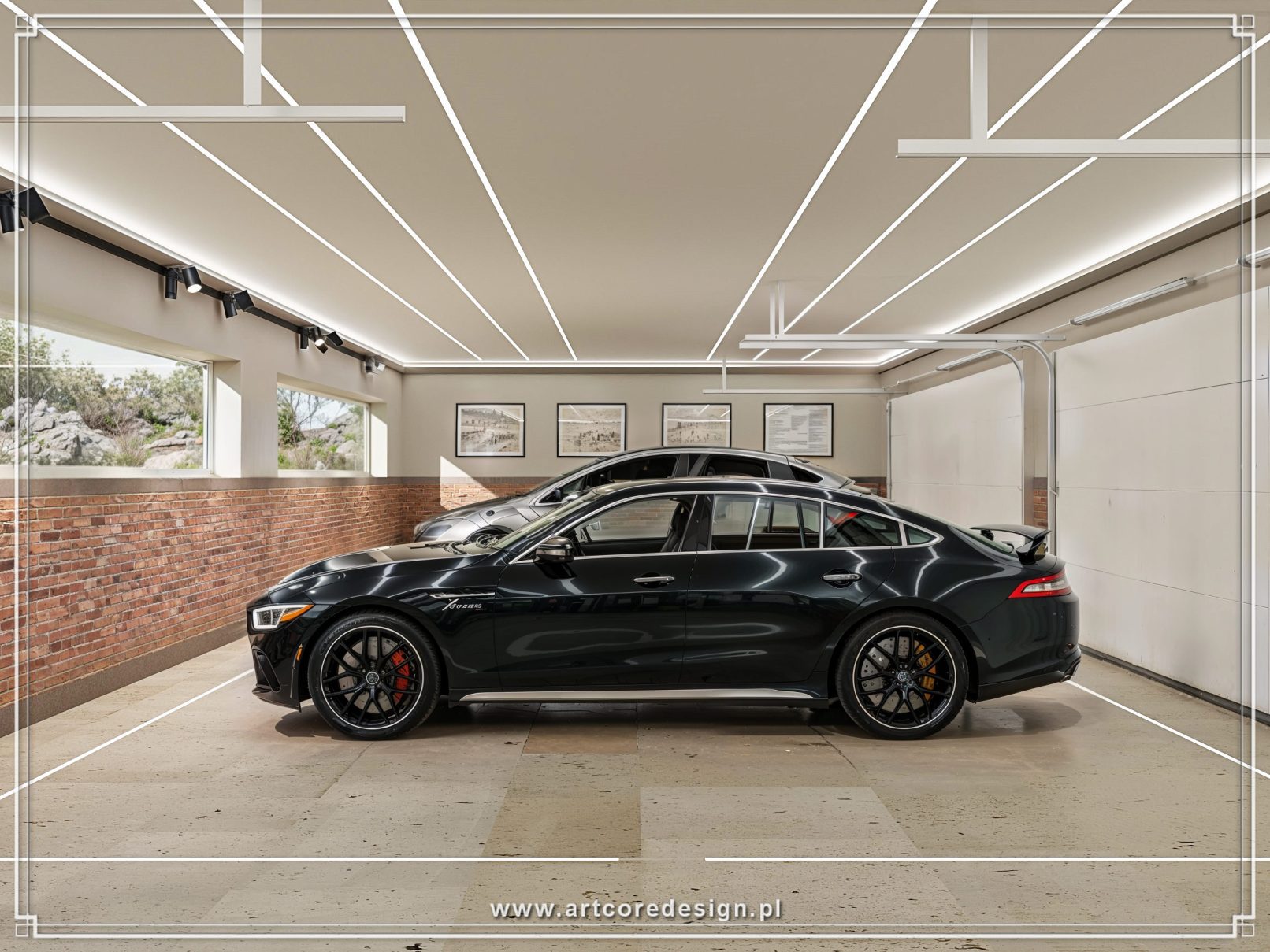 Nowoczesny garaż w prywatnej rezydencji zaprojektowany w ramach kompleksowego projektu wnętrz domu. Minimalistyczne wykończenie, liniowe oświetlenie LED i ceglana ściana tworzą estetyczną oraz funkcjonalną przestrzeń dla samochodów premium.