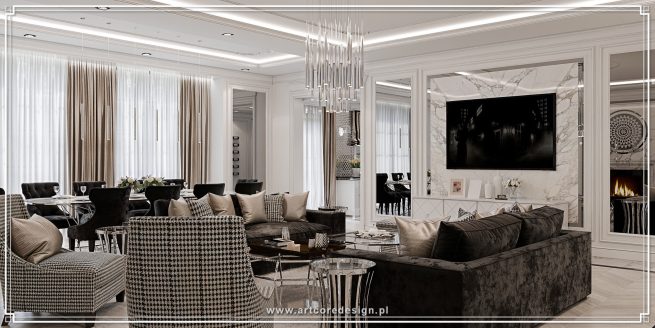 Luksusowy salon z jadalnią w otwartej przestrzeni, marmurową ścianą TV i eleganckim nowoczesnym wystrojem