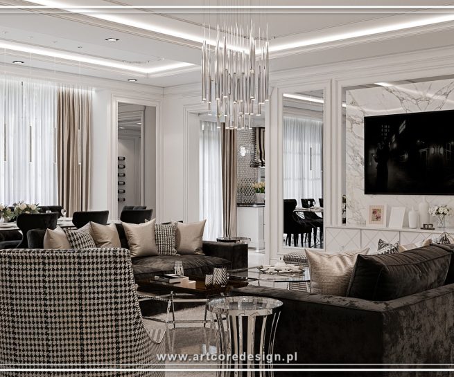 Luksusowy salon z jadalnią w otwartej przestrzeni, marmurową ścianą TV i eleganckim nowoczesnym wystrojem