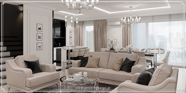 Jasny salon glamour z beżowymi meblami, eleganckim oświetleniem i przestronną strefą dzienną