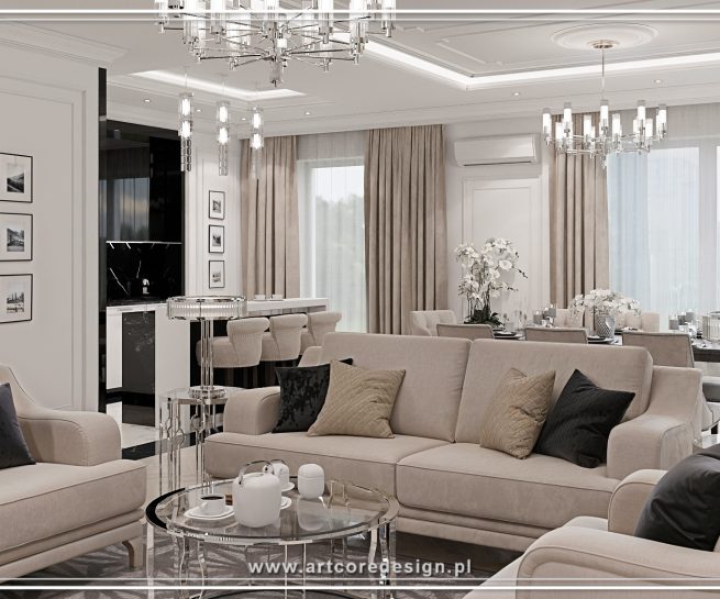 Jasny salon glamour z beżowymi meblami, eleganckim oświetleniem i przestronną strefą dzienną