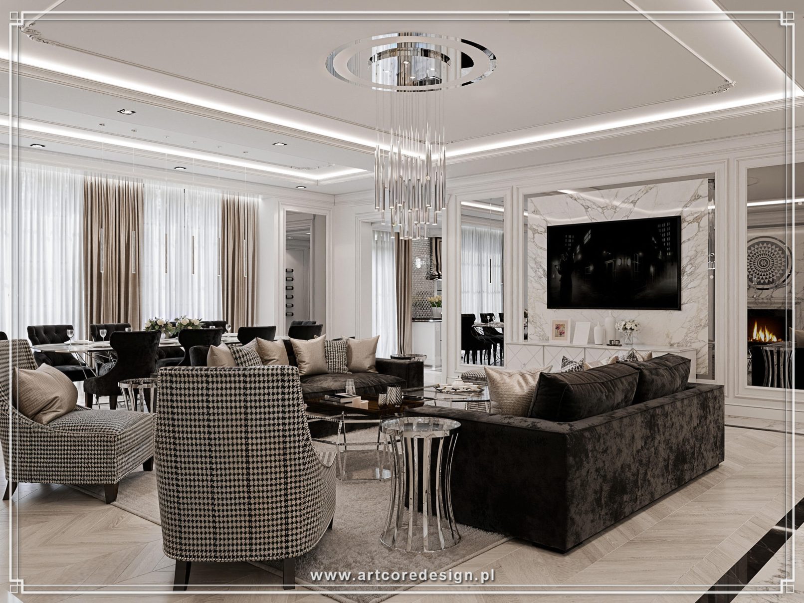Elegancki salon z jadalnią w stylu luksusowym, z marmurową ścianą TV, designerskim oświetleniem i stonowaną kolorystyką beżu i czerni