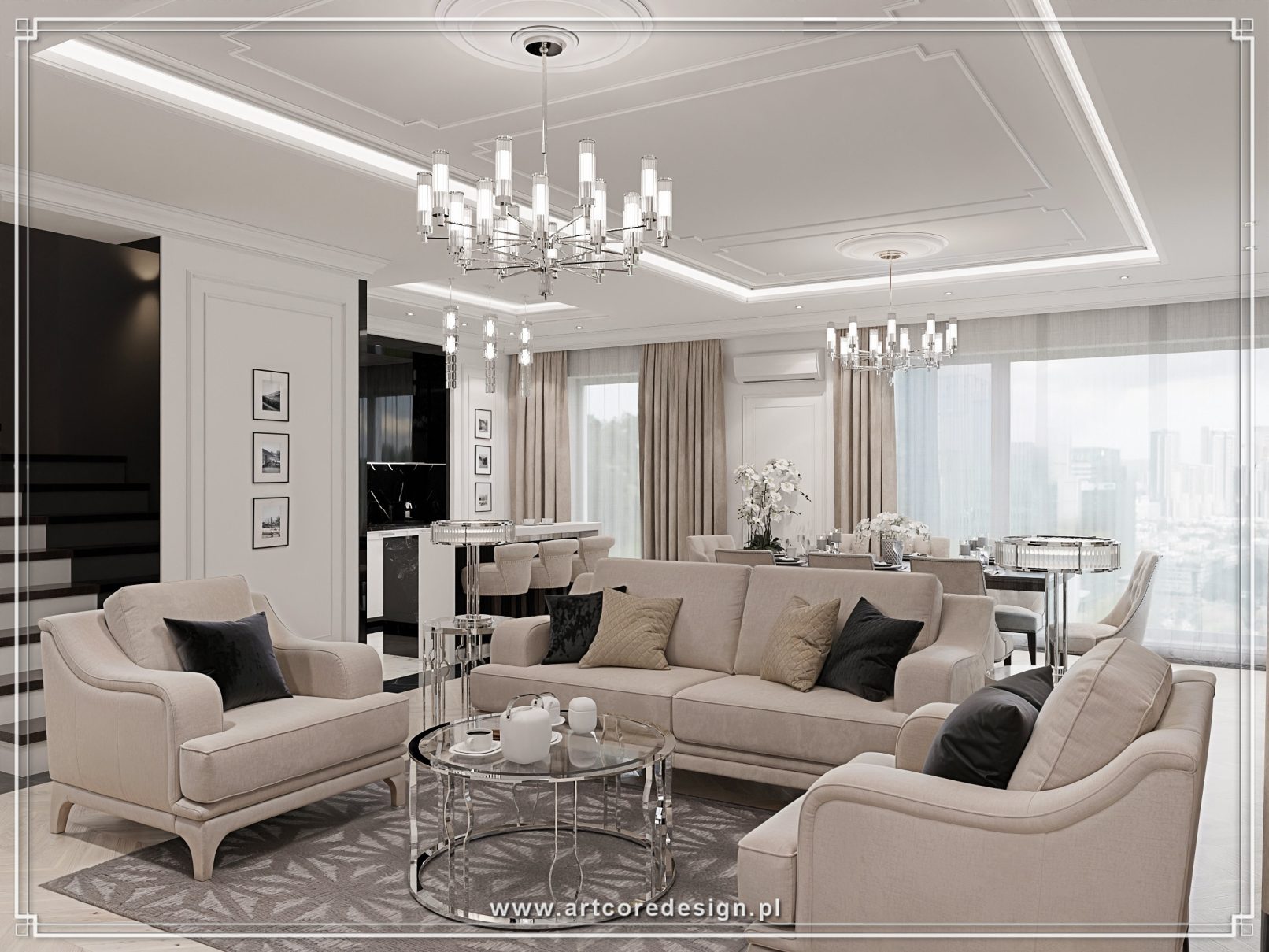 Salon glamour z otwartą przestrzenią na jadalnię, eleganckim oświetleniem i beżowymi meblami w stylowej aranżacji