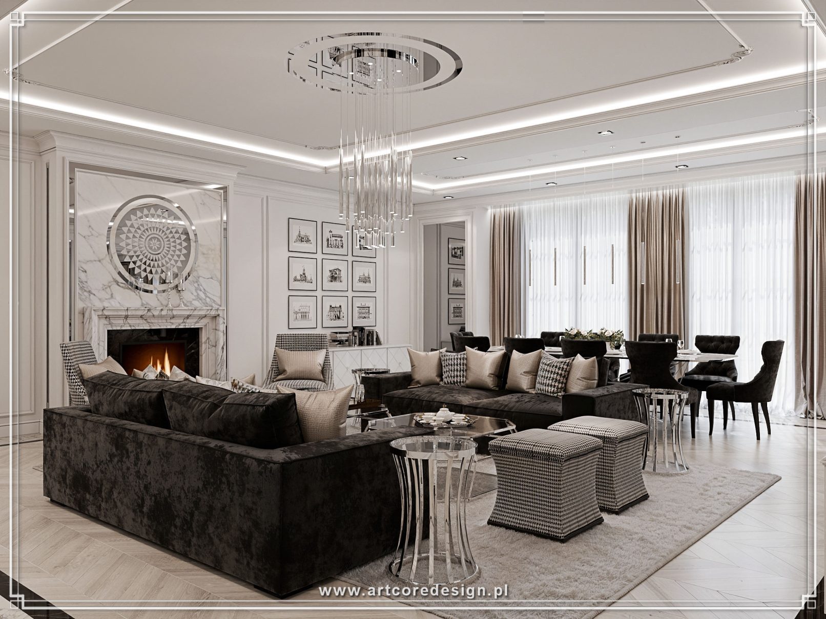 Luksusowy salon z kominkiem i jadalnią w eleganckim stylu klasycznym, z designerskim oświetleniem i stonowaną kolorystyką beżu i czerni