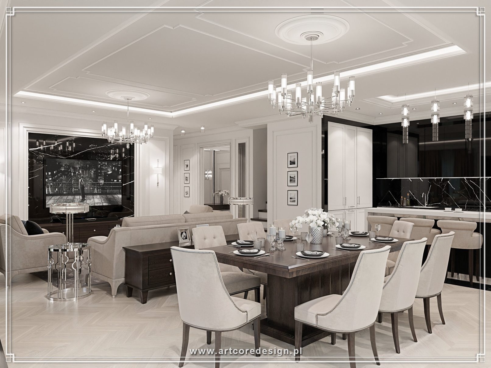 Przestronny salon z jadalnią w stylu glamour z otwartą kuchnią, eleganckimi meblami i nowoczesną klasyczną aranżacją