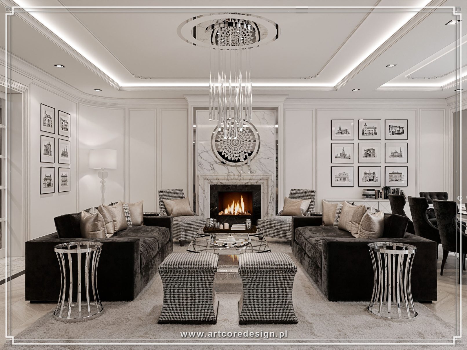 Luksusowy salon z kominkiem w stylu nowoczesnej klasyki, z jasną kolorystyką, eleganckimi meblami i designerskim oświetleniem