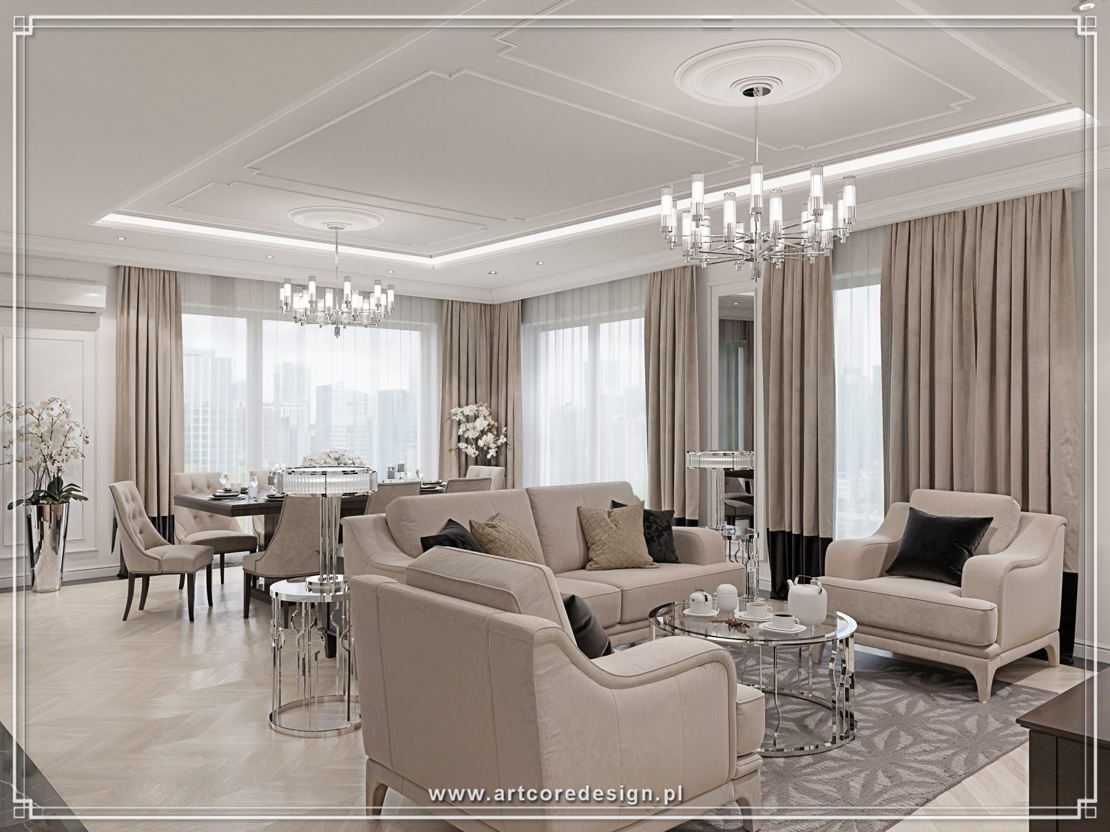 Przestronny salon glamour z dużymi oknami, jadalnią i elegancką aranżacją w beżowych tonacjach