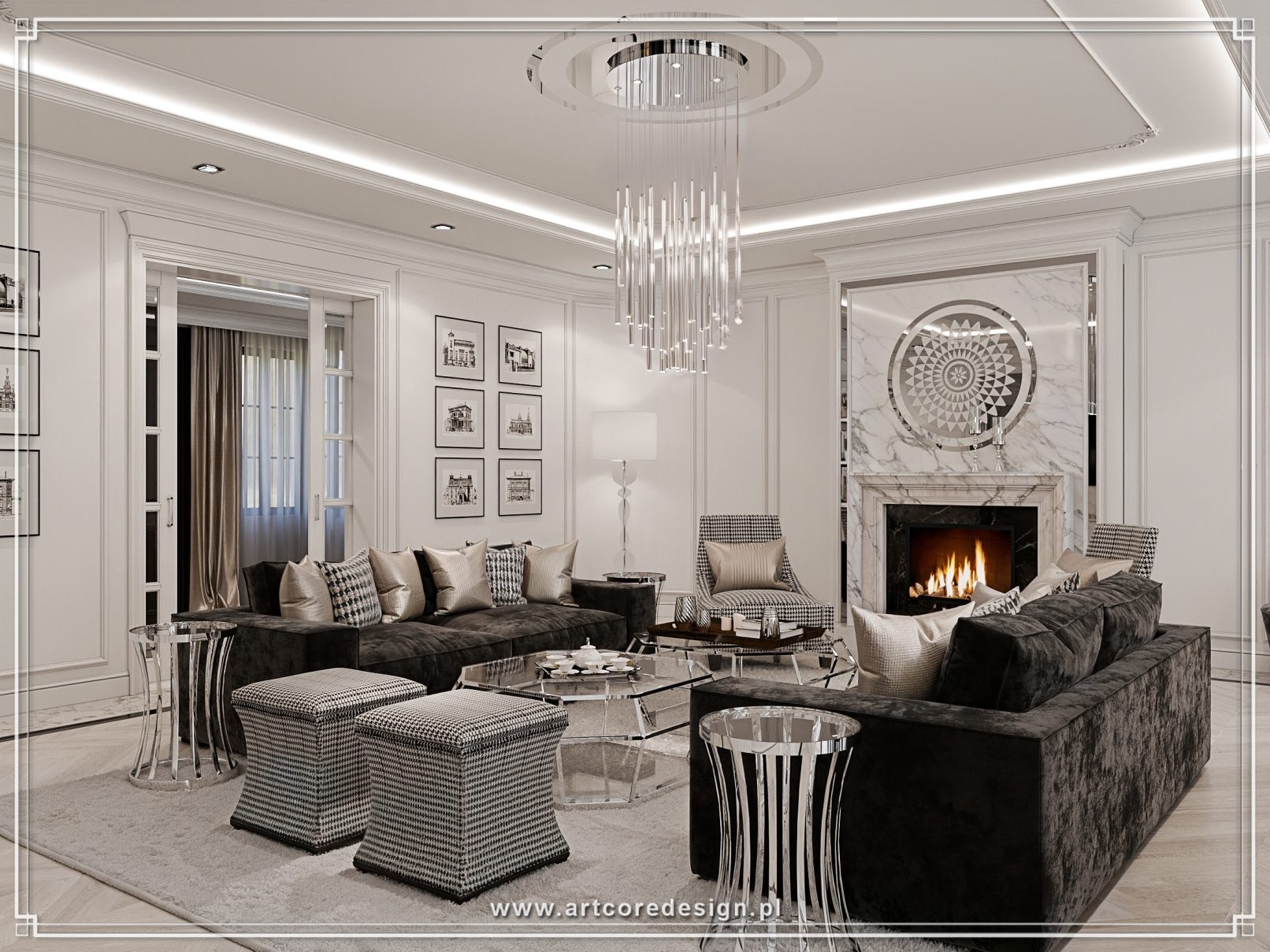 Symetryczny salon luksusowy z kominkiem, eleganckimi sofami, dekoracyjną ścianą i klasycznym wystrojem wnętrza