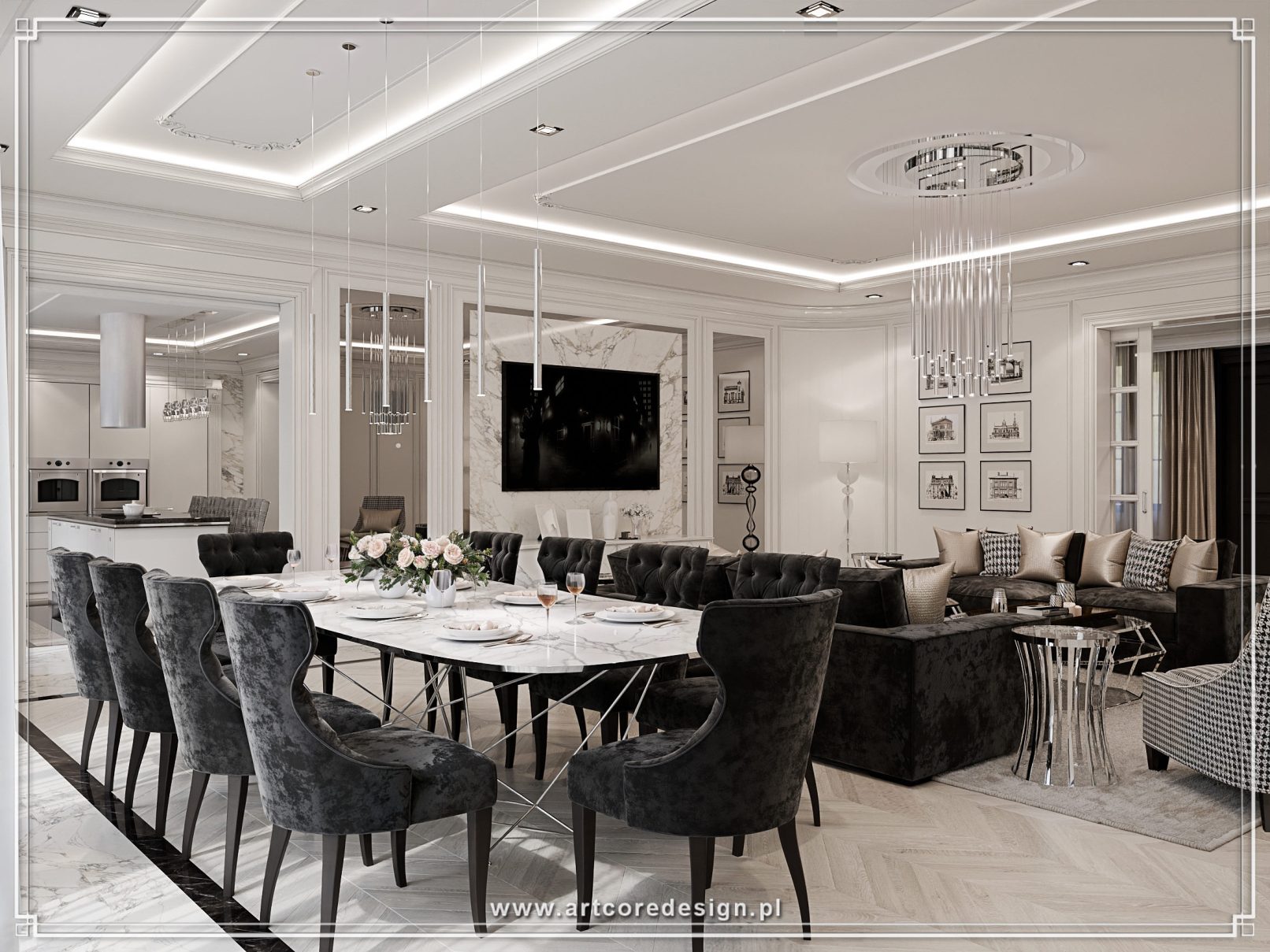 Luksusowy salon z jadalnią w otwartej przestrzeni, z marmurowym stołem, eleganckimi krzesłami i nowoczesnym oświetleniem