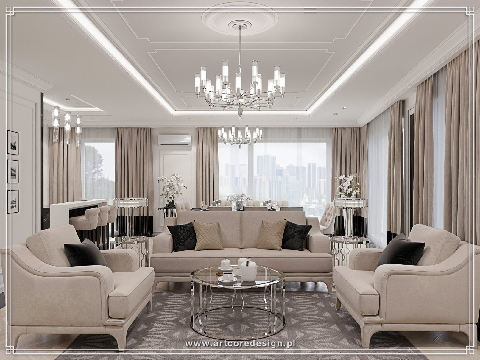 Symetryczny salon glamour w beżowych barwach z eleganckimi meblami, dużymi oknami i stylową strefą wypoczynkową