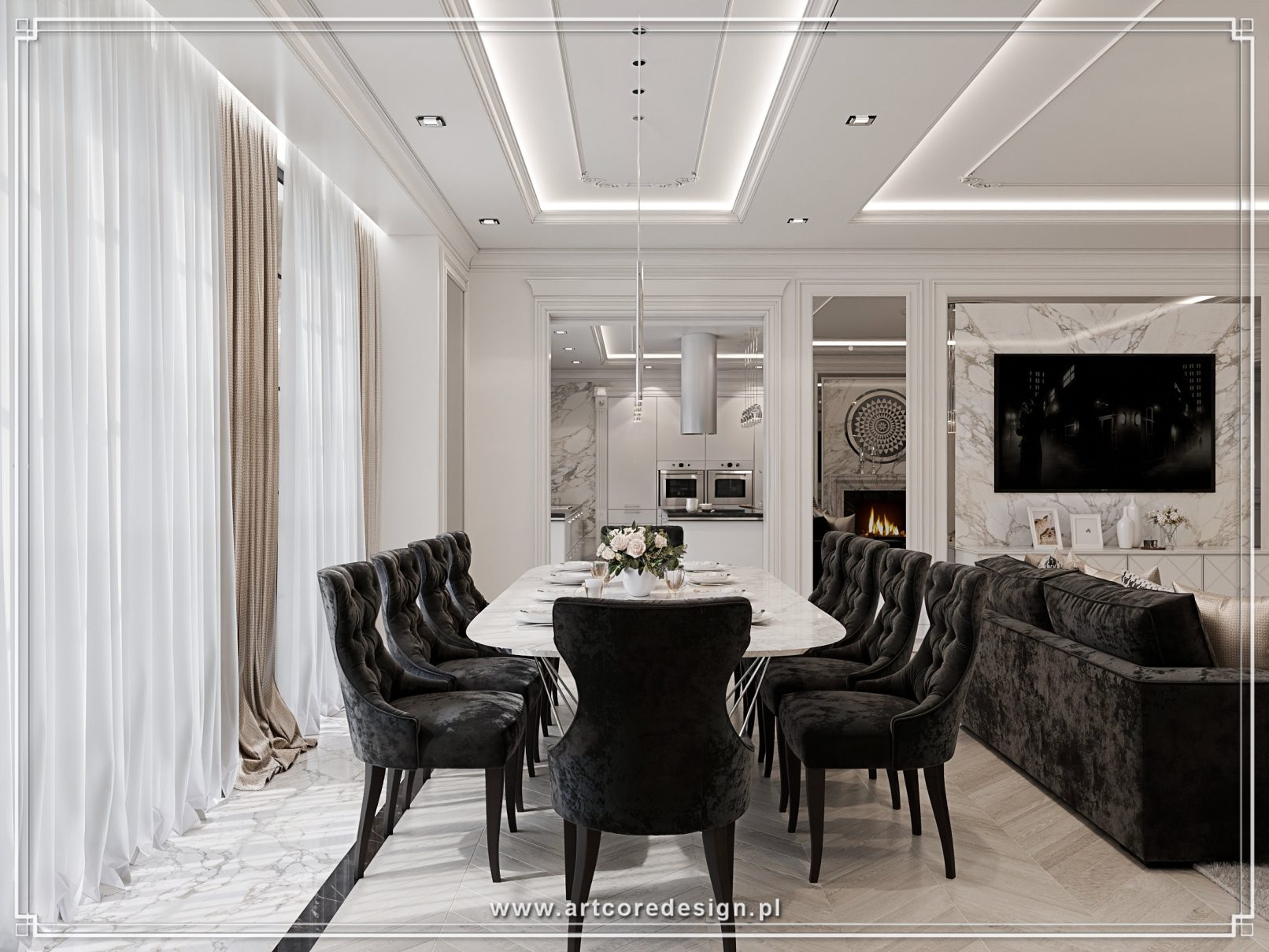 Luksusowa jadalnia z marmurowym stołem i tapicerowanymi krzesłami, eleganckie wnętrze w jasnej kolorystyce z nowoczesnym oświetleniem