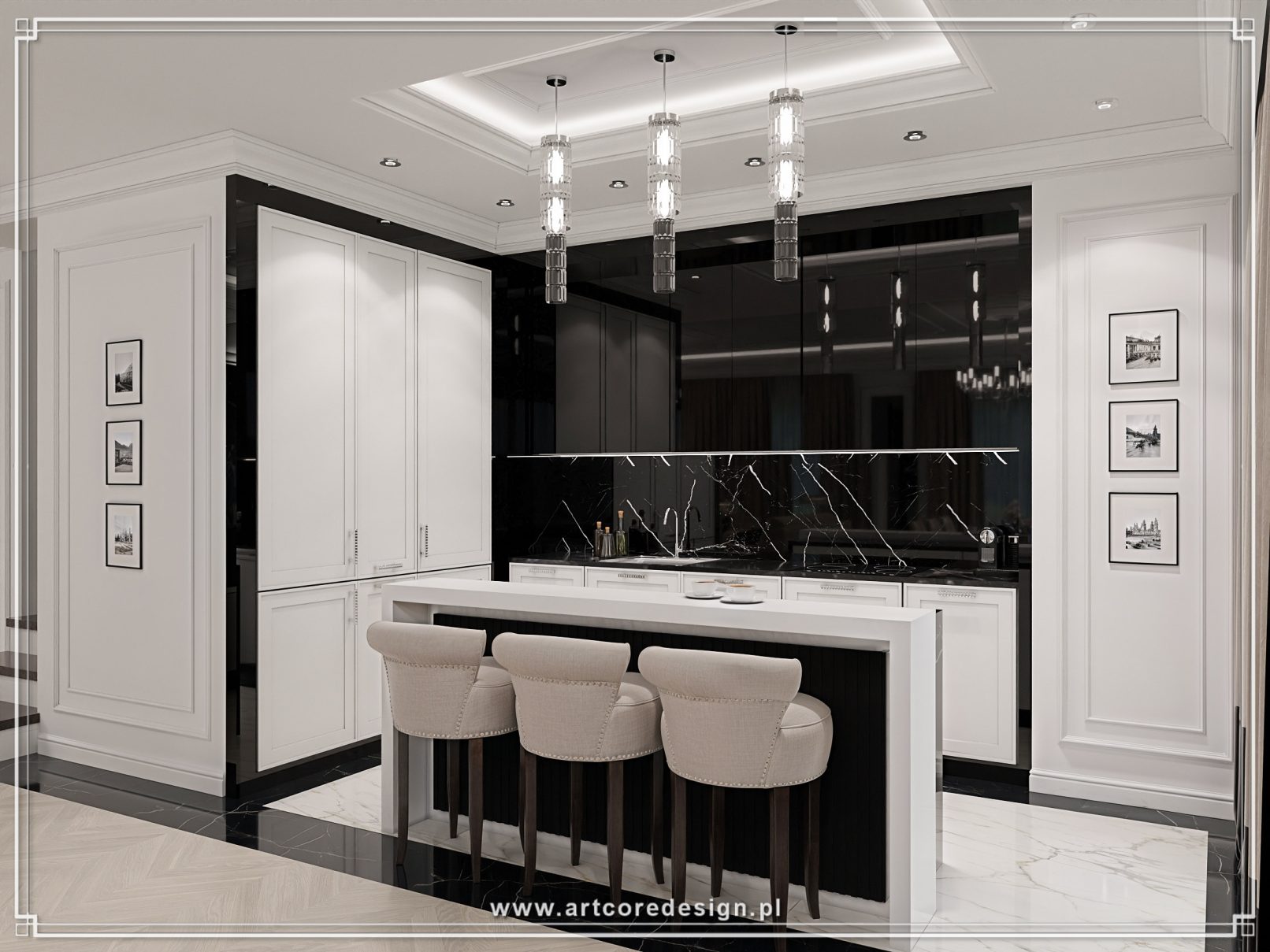 Kuchnia glamour w biało-czarnej kolorystyce z wyspą, tapicerowanymi hokerami i eleganckim oświetleniem wiszącym
