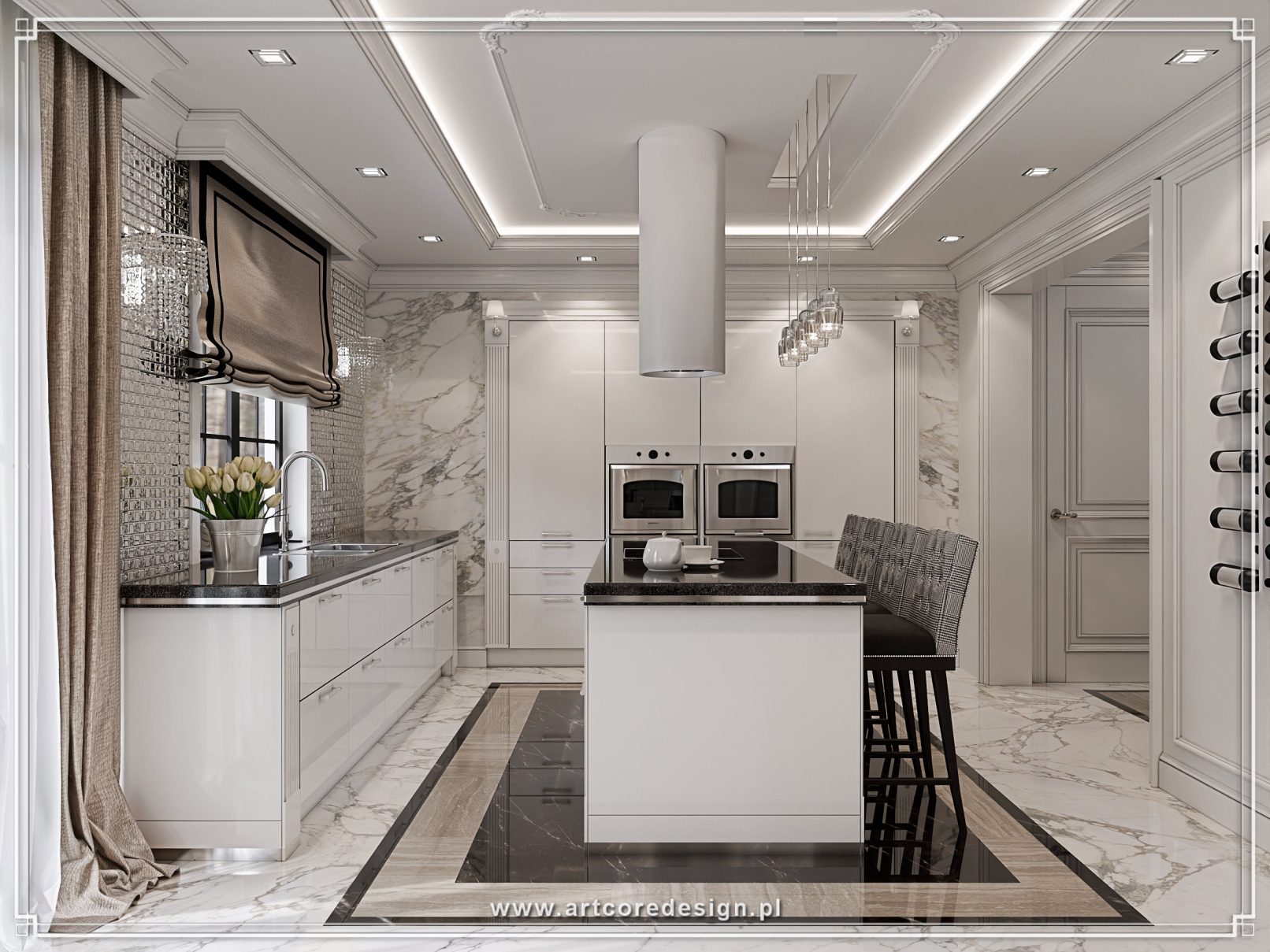 Luksusowa biała kuchnia z wyspą kuchenną i marmurowymi wykończeniami, nowoczesne AGD i eleganckie oświetlenie