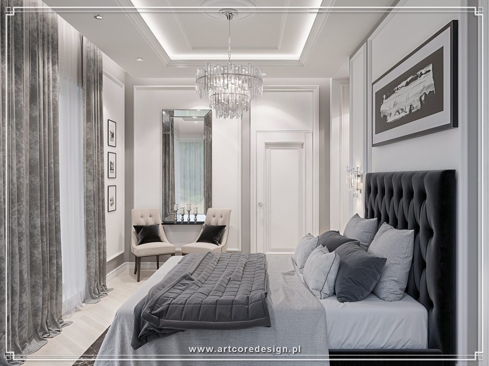 Elegancka sypialnia glamour w czarno-szarej kolorystyce z tapicerowanym łóżkiem, kryształowym żyrandolem i stylową strefą wypoczynku
