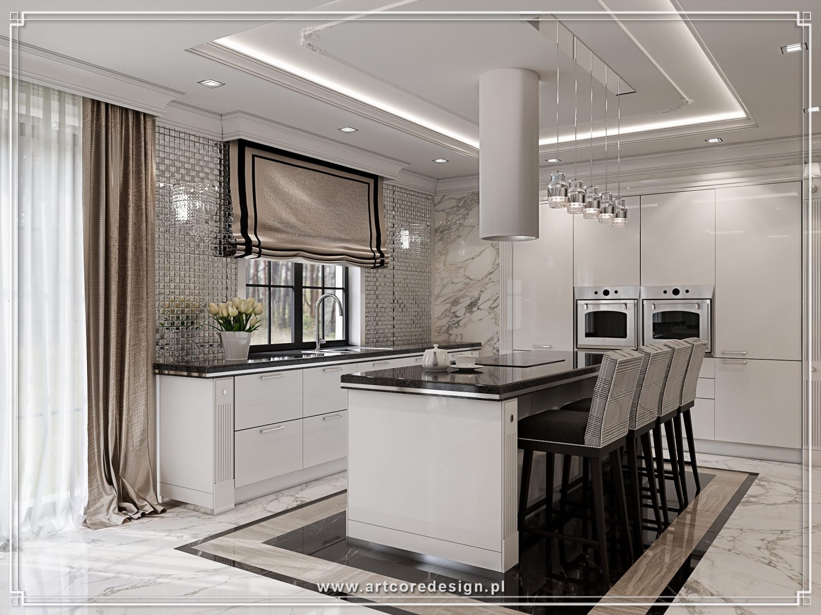 Luksusowa kuchnia z wyspą i hokerami, marmurowe wykończenia, eleganckie wnętrze w jasnej kolorystyce z designerskim oświetleniem