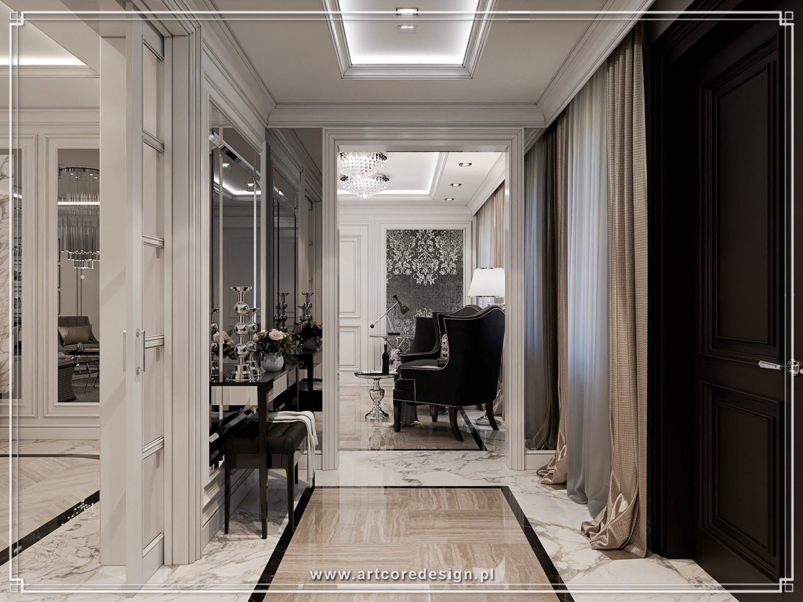 Luksusowy przedpokój z marmurową podłogą, elegancka konsola z dekoracjami i lustrem, stylowe przejście do salonu w klasycznym wnętrzu