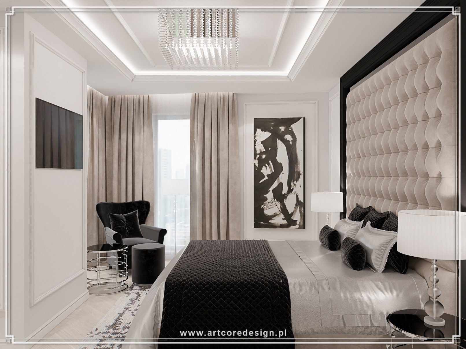 Stylowa sypialnia glamour w beżowo-czarnej kolorystyce z pikowanym wezgłowiem, eleganckimi tekstyliami i designerskimi dodatkami