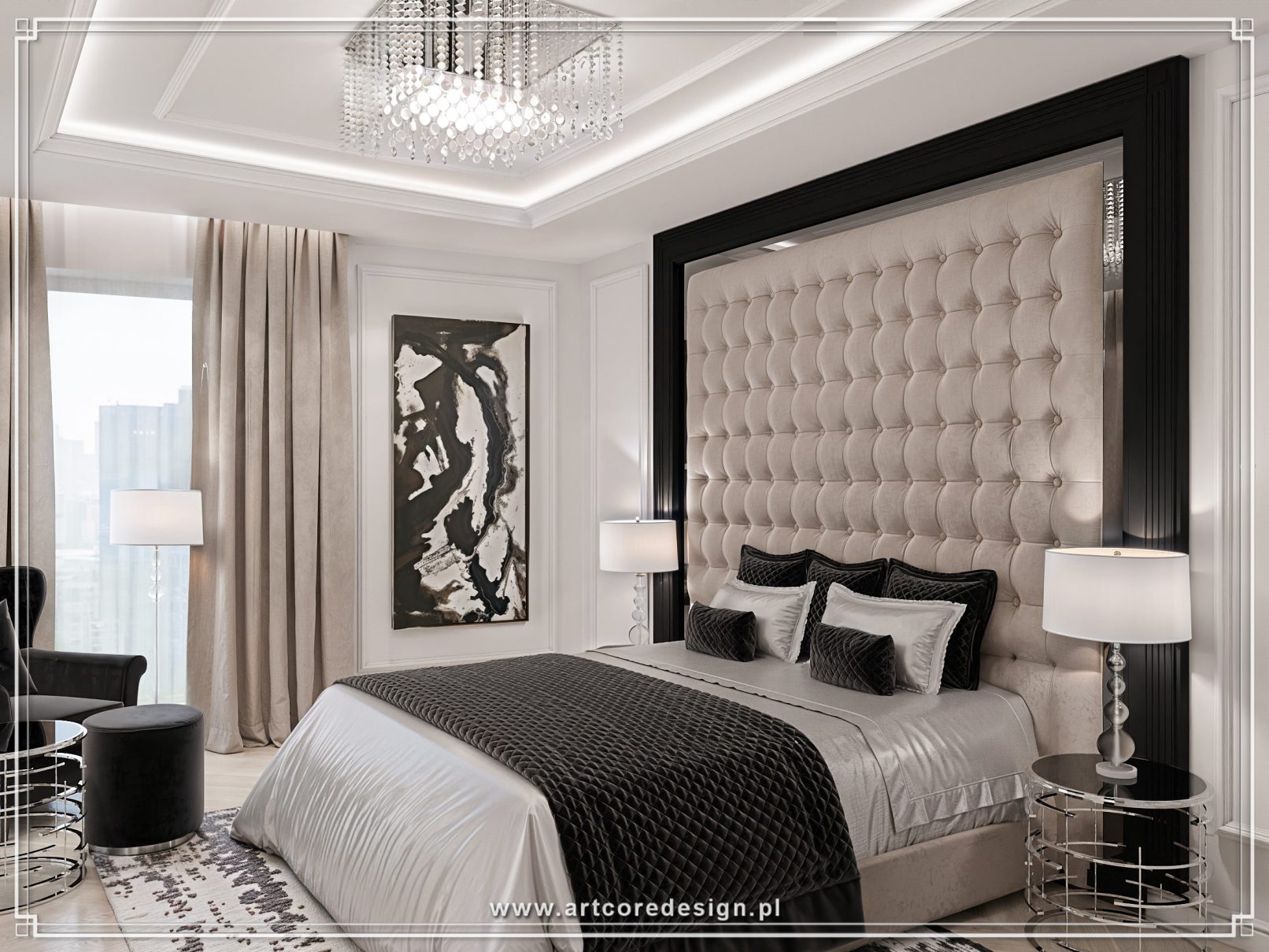 Luksusowa sypialnia glamour w beżowej tonacji z wysokim pikowanym wezgłowiem, czarnymi akcentami i eleganckim oświetleniem