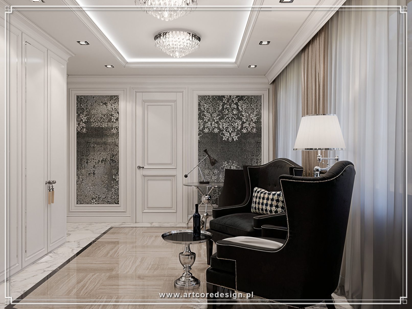 Elegancki kącik wypoczynkowy z fotelami uszakami, stolikiem i lampą, klasyczne wnętrze w jasnej kolorystyce z dekoracyjnymi panelami ściennymi