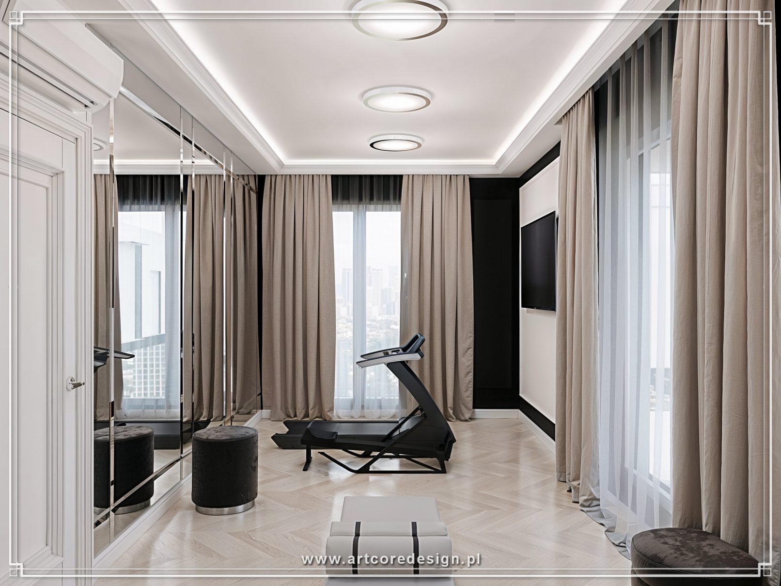 Nowoczesna domowa sala fitness z bieżnią, dużymi oknami, lustrzaną ścianą i eleganckim minimalistycznym wystrojem