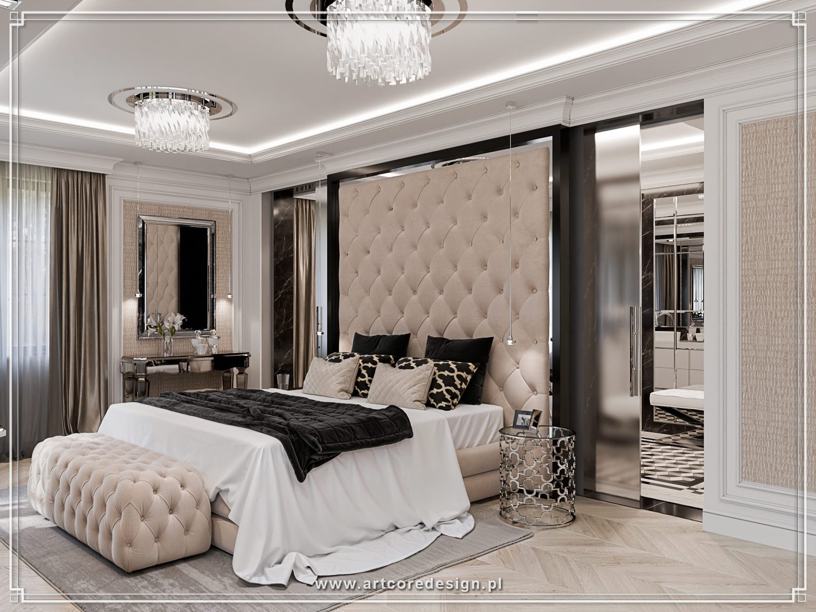 Luksusowa sypialnia z dużym tapicerowanym łóżkiem i pikowanym wezgłowiem, eleganckie wnętrze z jasną kolorystyką i stylowymi dodatkami