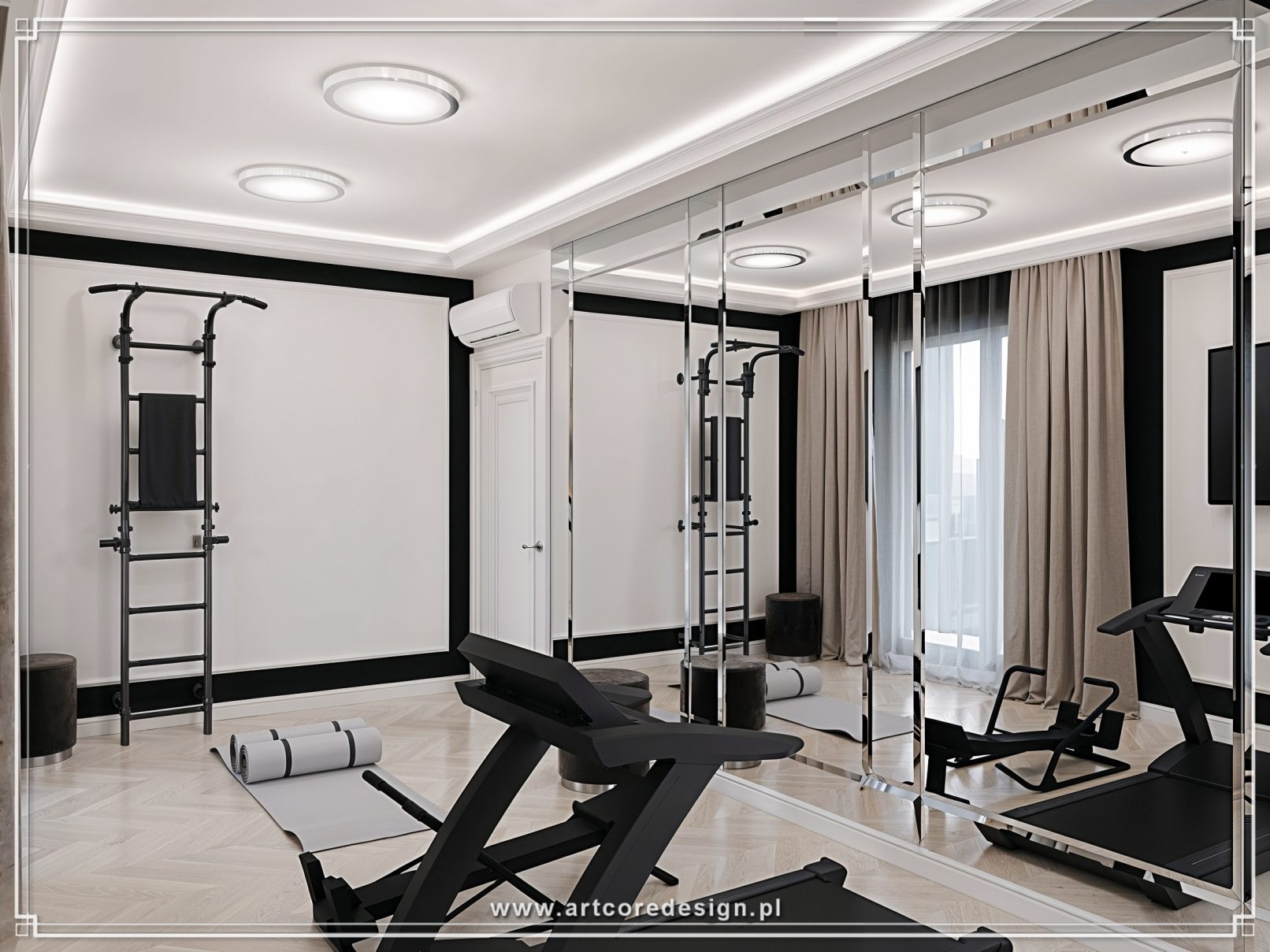 Nowoczesna domowa siłownia z lustrzaną ścianą, sprzętem do ćwiczeń i eleganckim minimalistycznym designem