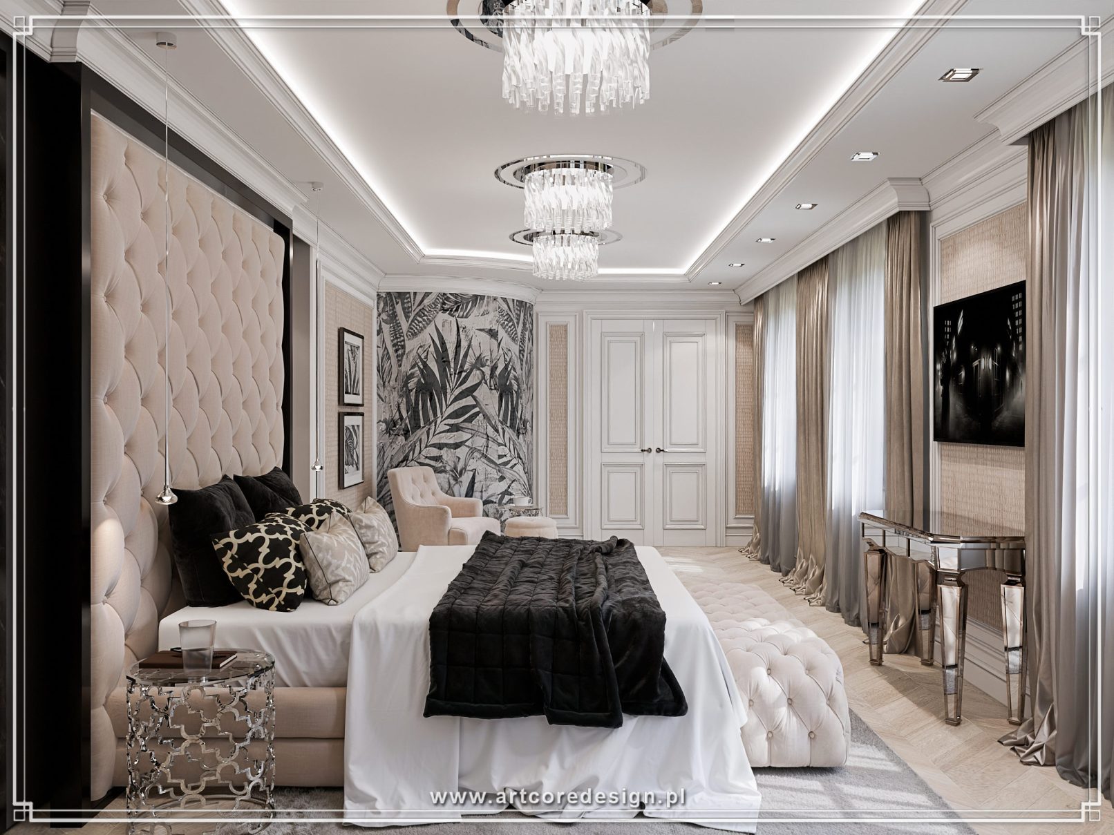 Luksusowa sypialnia z pikowanym łóżkiem i eleganckim oświetleniem, jasne wnętrze z dekoracyjną ścianą i stylowymi dodatkami