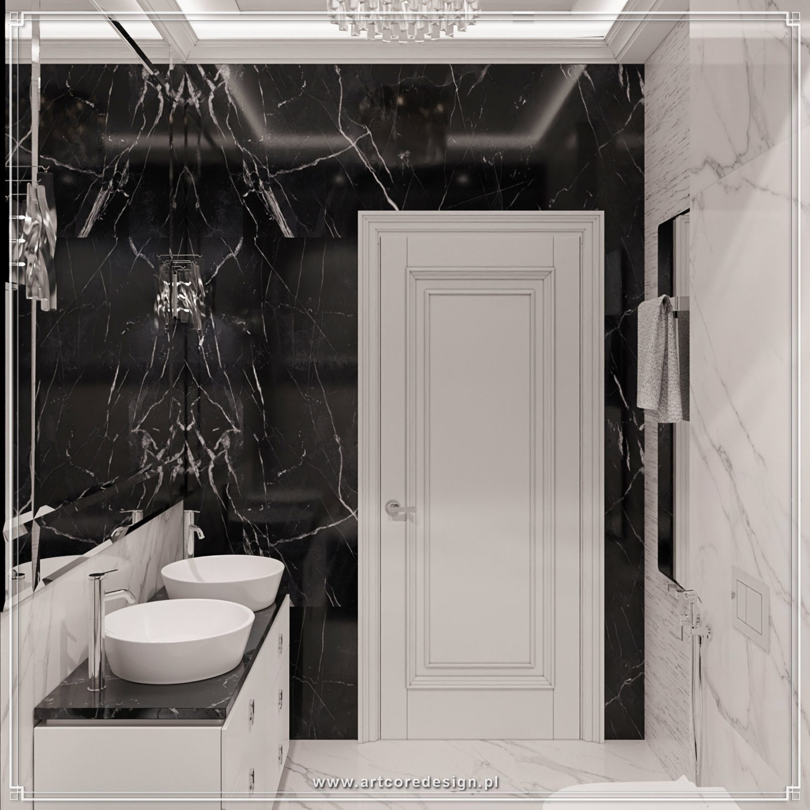 Nowoczesna łazienka z czarnym marmurem, białymi umywalkami nablatowymi i eleganckim kontrastowym designem