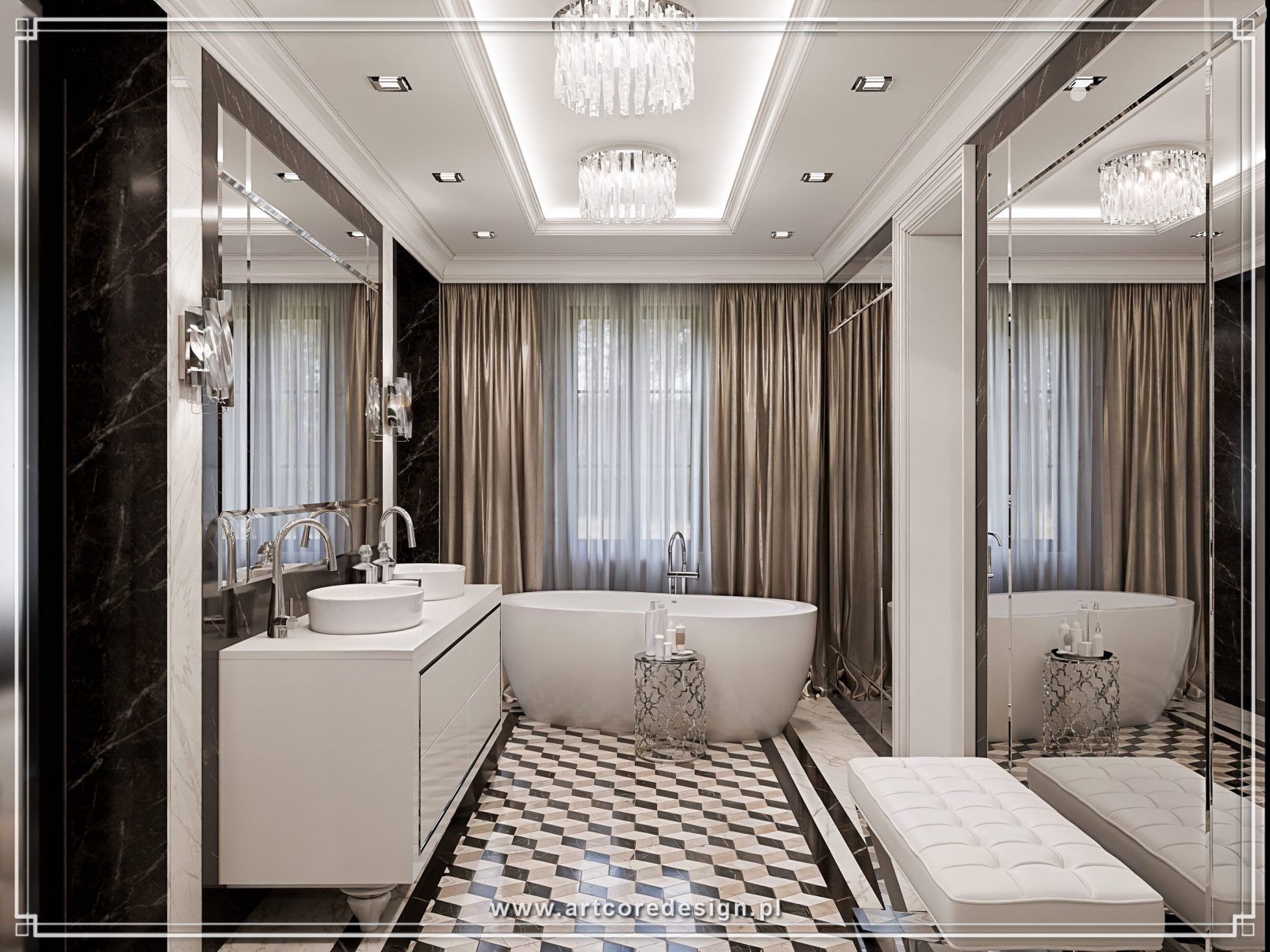 Luksusowa łazienka z wolnostojącą wanną i podwójnymi umywalkami, marmurowe wykończenia i eleganckie oświetlenie w nowoczesnym stylu