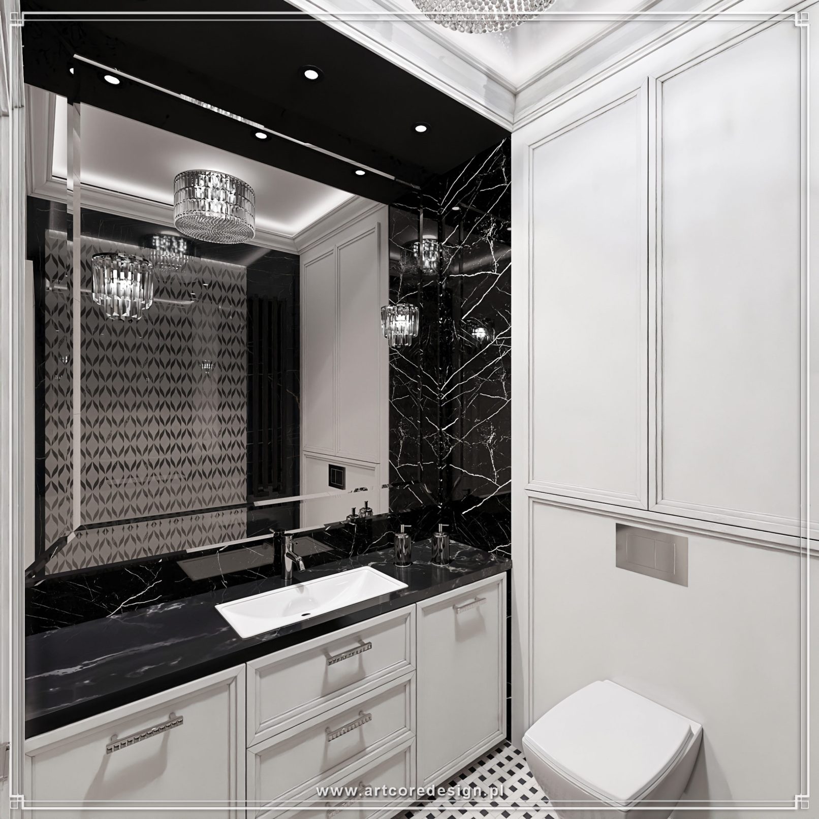 Stylowa łazienka czarno-biała z marmurowym blatem, dużym lustrem i eleganckim nowoczesnym wykończeniem