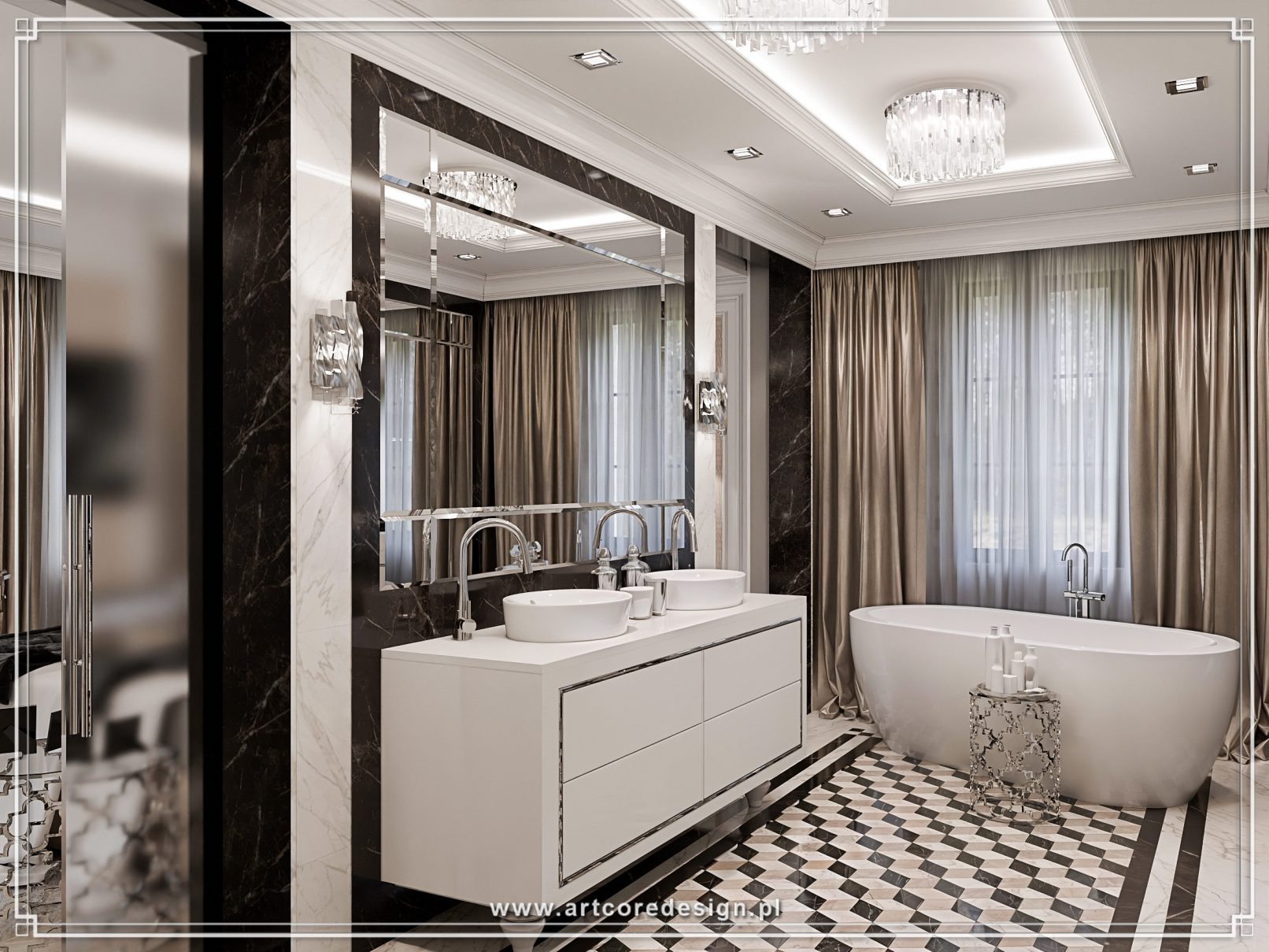 Luksusowa łazienka z wolnostojącą wanną i podwójną umywalką, marmurowe wykończenia i eleganckie oświetlenie w nowoczesnym stylu