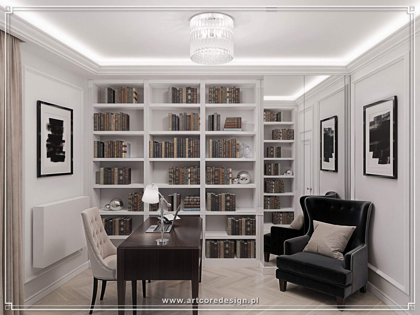 Elegancki gabinet domowy z zabudową biblioteczną, klasycznymi regałami na książki i stylowym biurkiem w jasnym wnętrzu